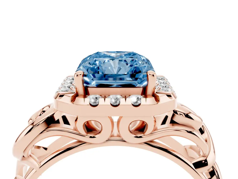 Fancy Blue Radiant Cut Diamond Halo Ring Set in Rose gold with Scrollwork Band and Prong Setting