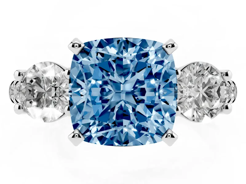 Fancy Blue Three-Stone Cushion Cut Diamond Pavé Band Ring Set in Platinum with Prong-Set Trio