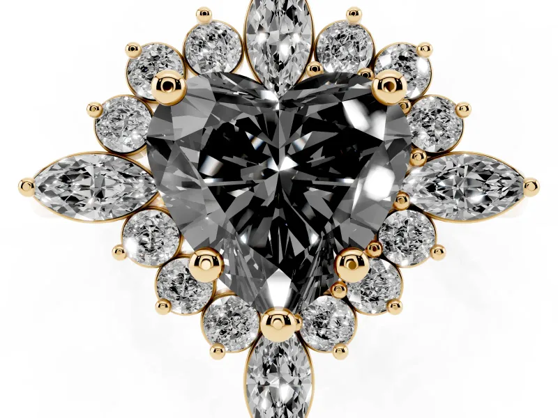 Heart-Shaped Cluster Halo Engagement Ring Setting for a Black Center | Yellow Gold