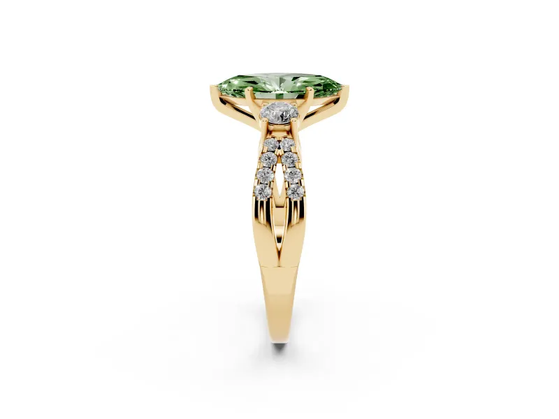 Fancy Green Marquise Cut Diamond Three-Stone Ring Set in Yellow gold with Pavé Split Shank and Prong Setting