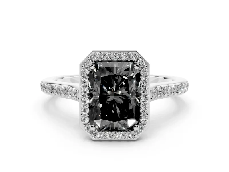 Fancy Black Radiant Cut Diamond Halo Engagement Ring Set in Platinum with Round Pavé Shoulders and Heart Gallery