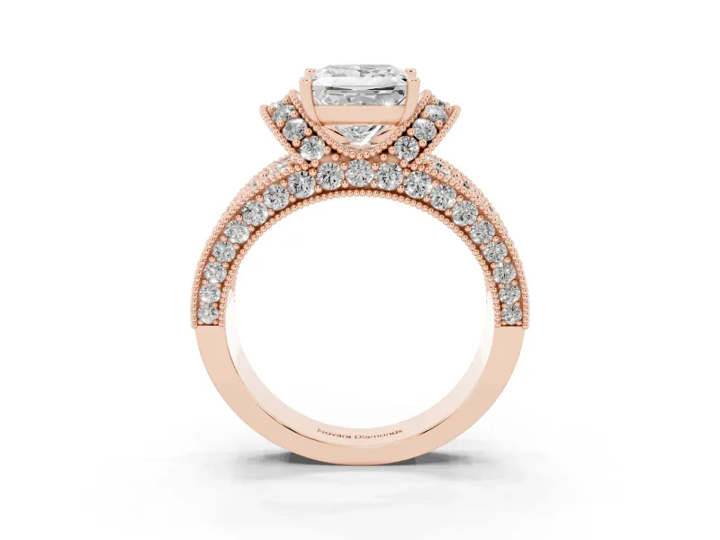 Princess Cut Vintage Milgrain Pave Engagement Ring Setting | Crescent Side Rows | Rose Gold