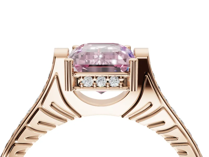 Emerald Cut Vintage Cathedral Engagement Ring Setting for a Fancy Pink Lab-Grown Diamond | Carved Band | Rose Gold
