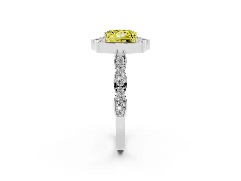 Princess Cut Scalloped Halo Engagement Ring Setting for a Fancy Yellow Lab-Grown Diamond | Pave Band | White Gold