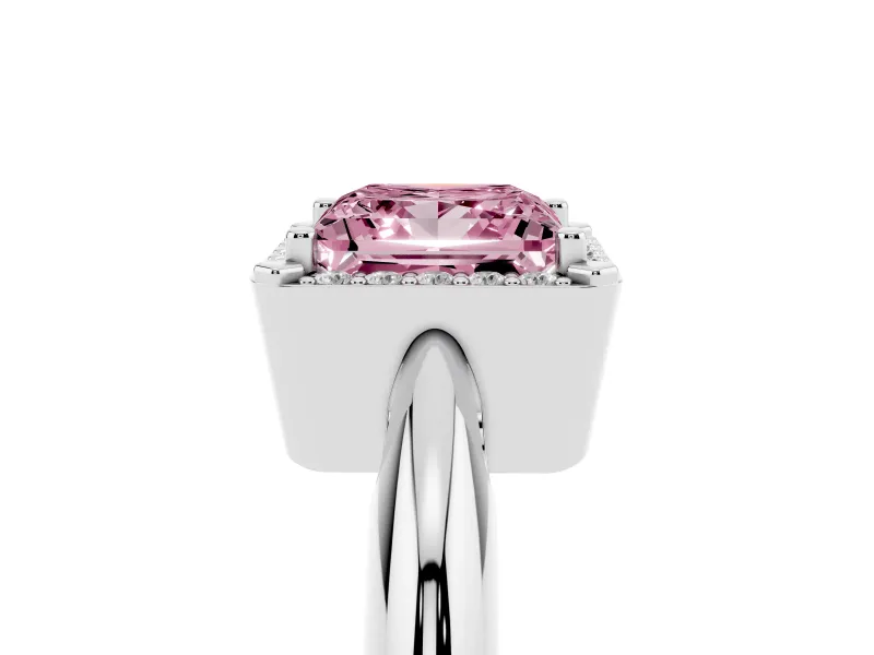 Fancy Pink Princess Cut Diamond Halo Engagement Ring Set in Platinum with Plain Split Shank and Prong Setting