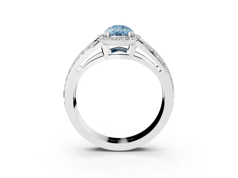 Fancy Blue Pear Cut Diamond Halo Ring Set in White gold with Double Pavé Split Shank