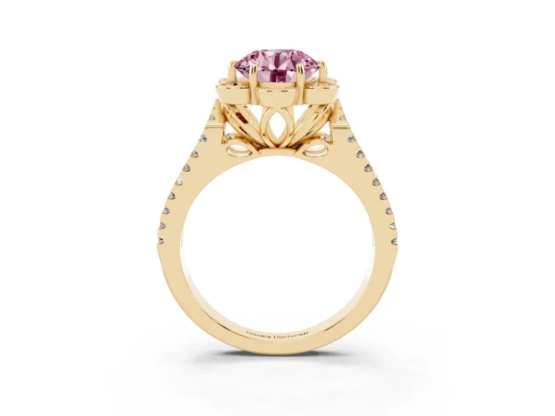 Round Floral Halo Engagement Ring Setting for a Fancy Pink Lab-Grown Diamond | Pavé Split Shank | Yellow Gold