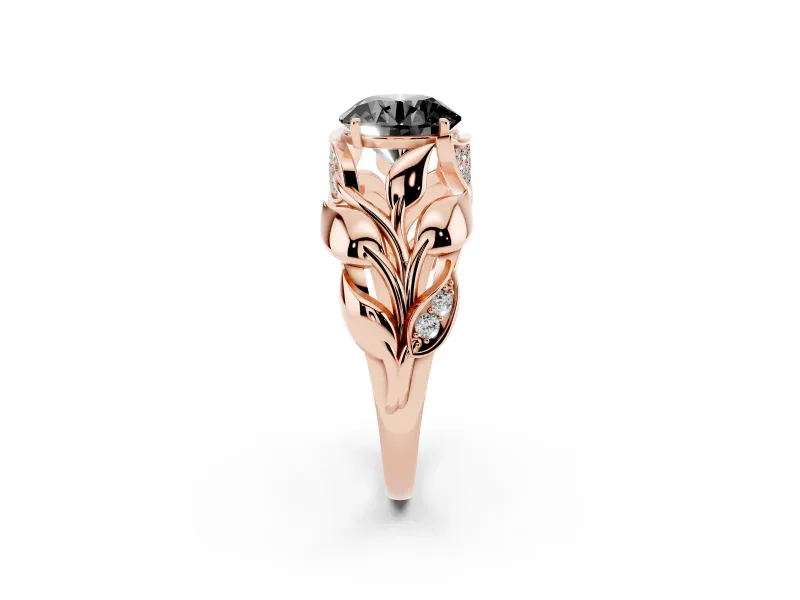 Fancy Black Round Cut Diamond Leaf-Inspired Engagement Ring Set in Rose gold with Round Accents