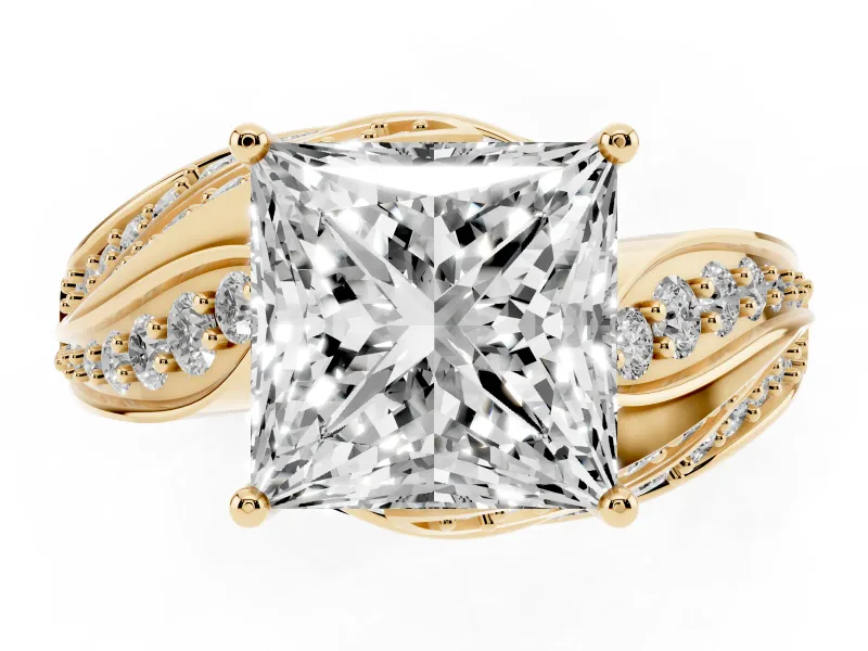 Princess Cut Bypass Hidden Halo Engagement Ring Setting | Graduated Pavé | Yellow Gold