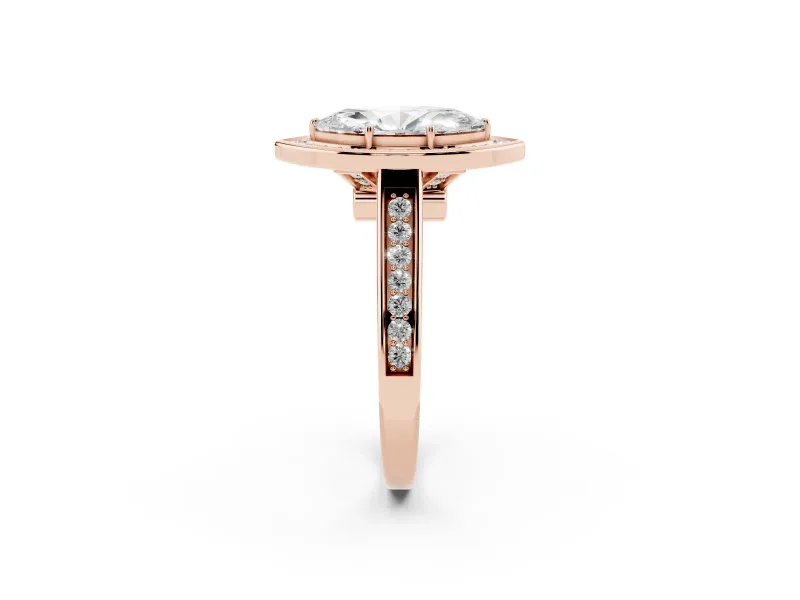 Marquise Cut Diamond Halo Solitaire Ring Set in Rose gold with Pavé Band and Bezel Setting