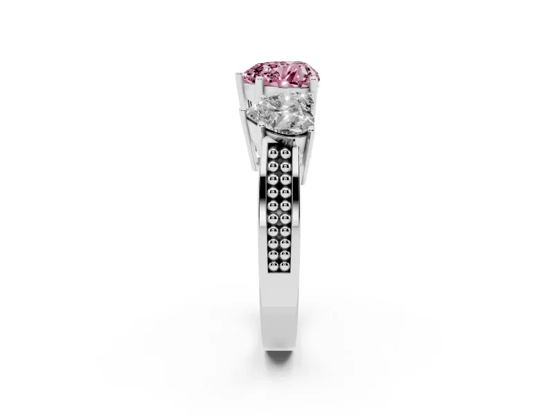 Heart-Shaped Three Stone Engagement Ring Setting for a Fancy Pink Lab-Grown Diamond | Beaded Shoulders | Sterling Silver