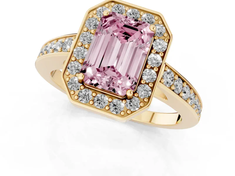 Fancy Pink Emerald Cut Diamond Halo Pavé Engagement Ring Set in Yellow gold with Bezel Setting