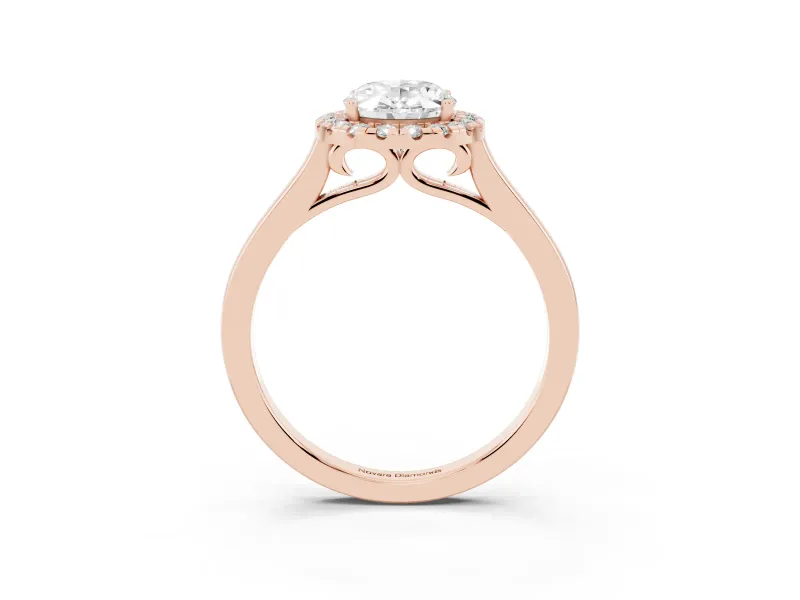 Oval Cut Halo Round Diamond Solitaire Ring Set in Rose gold with Pavé Band and Prong Setting