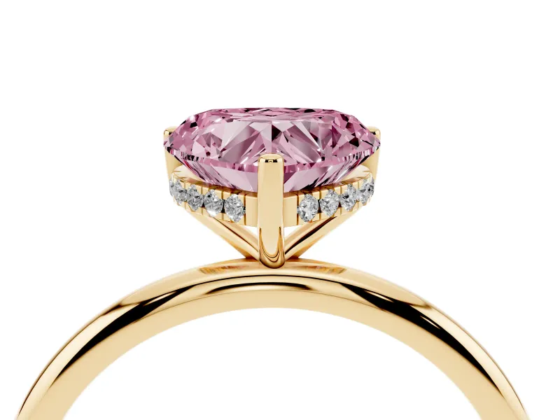 Fancy Pink Heart Cut Diamond Solitaire Engagement Ring Set in Yellow gold with Prong Setting and Polished Band