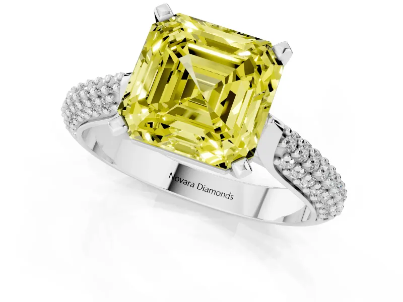 Asscher Cut Pavé Engagement Ring Setting for a Fancy Yellow Lab-Grown Diamond | Multi-Row Shoulders | Sterling Silver