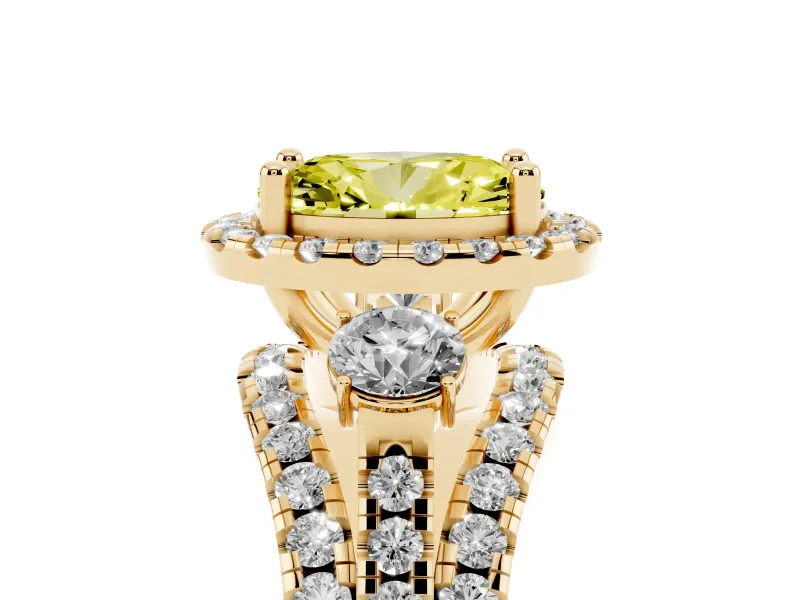 Oval Halo Split Shank Engagement Ring Setting for a Fancy Yellow Lab-Grown Diamond | Round Side Stones | Yellow Gold