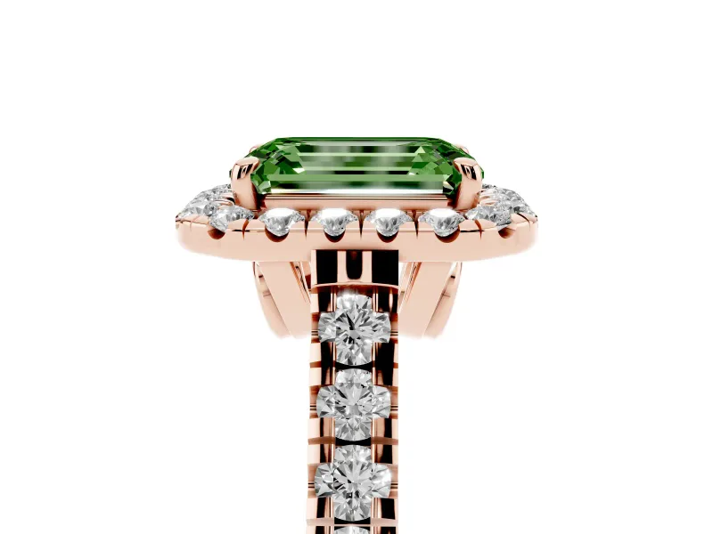 Emerald Cut Accented Halo Engagement Ring Setting for a Fancy Green Lab-Grown Diamond | Rose Gold