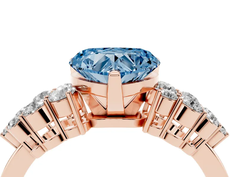 Heart-Shaped Side Stone Engagement Ring Setting for a Fancy Blue Lab-Grown Diamond | Shoulder Clusters | Rose Gold