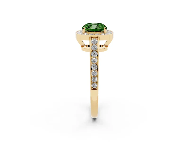 Fancy Green Cushion Cut Diamond Halo Pavé Engagement Ring Set in Yellow gold with Bezel Setting
