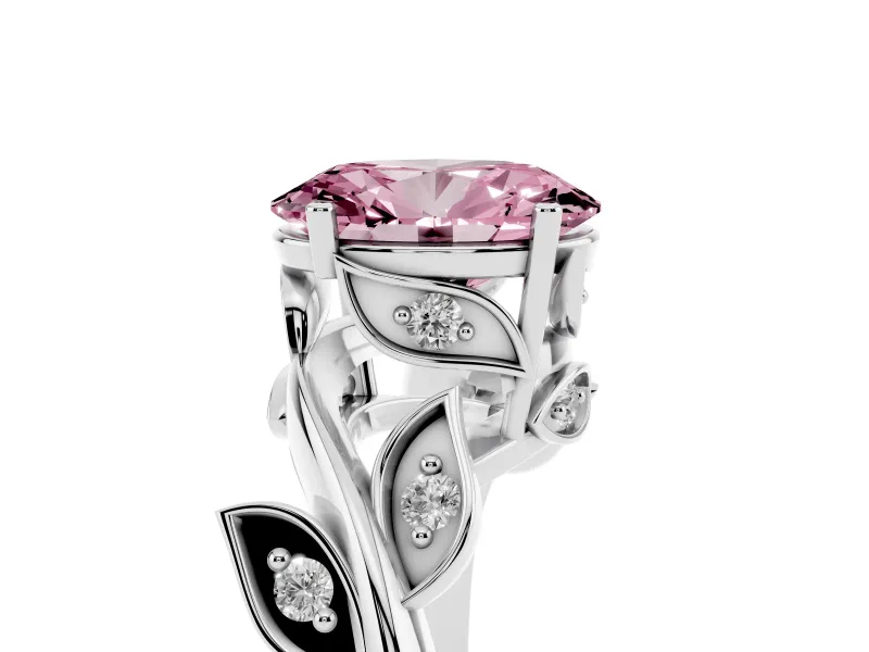 Fancy Pink Oval Cut Diamond Solitaire Twist Engagement Ring Set in Platinum with Pavé Leaf Accents