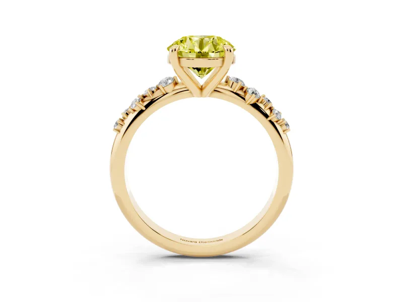 Fancy Yellow Round Cut Diamond Solitaire Vine Band Ring Set in Yellow gold with Round Accents and Prong Setting
