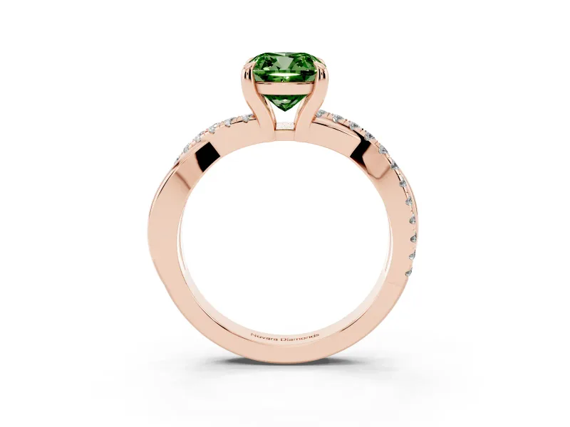 Fancy Green Cushion Cut Diamond Twist Band Solitaire Set in Rose gold with Pavé Accents and Prong Setting