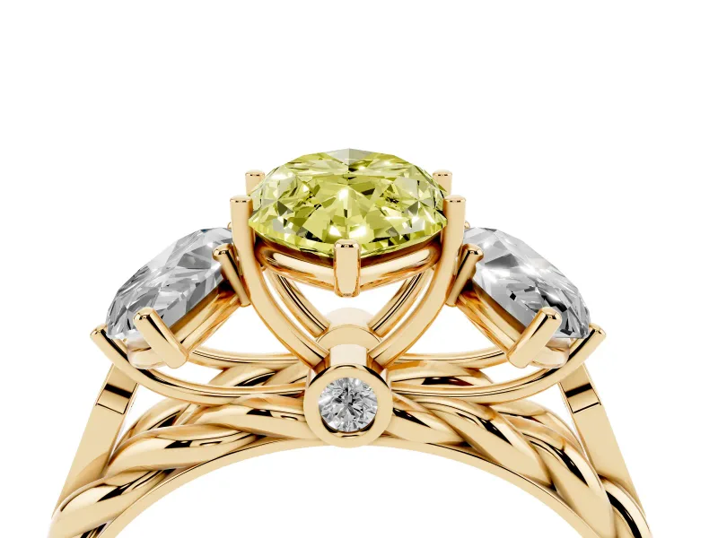 Fancy Yellow Marquise Cut Diamond Three-Stone Ring Set in Yellow gold with Braided Band