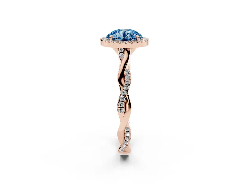 Round Halo Engagement Ring Setting for a Fancy Blue Lab-Grown Diamond | Pavé Twist Band | Rose Gold