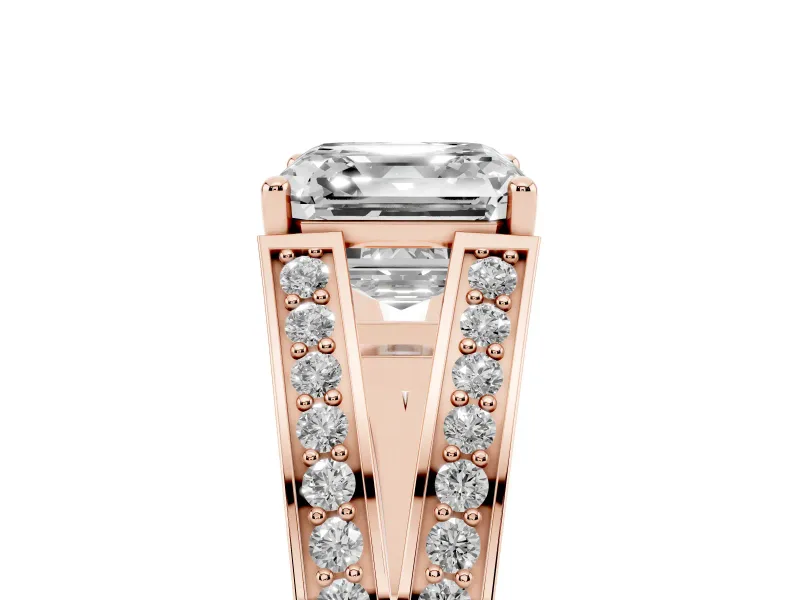 Asscher Cut Diamond Split Shank Ring Set in Rose gold with Pavé Band and Prong Setting