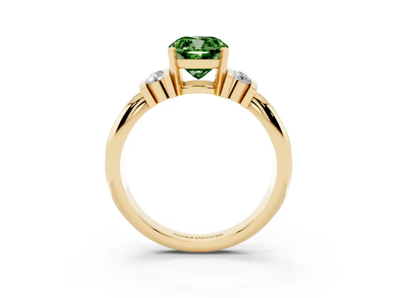 Fancy Green Three-Stone Cushion Cut Diamond Channel Set Ring Set in Yellow gold with Bar Prongs