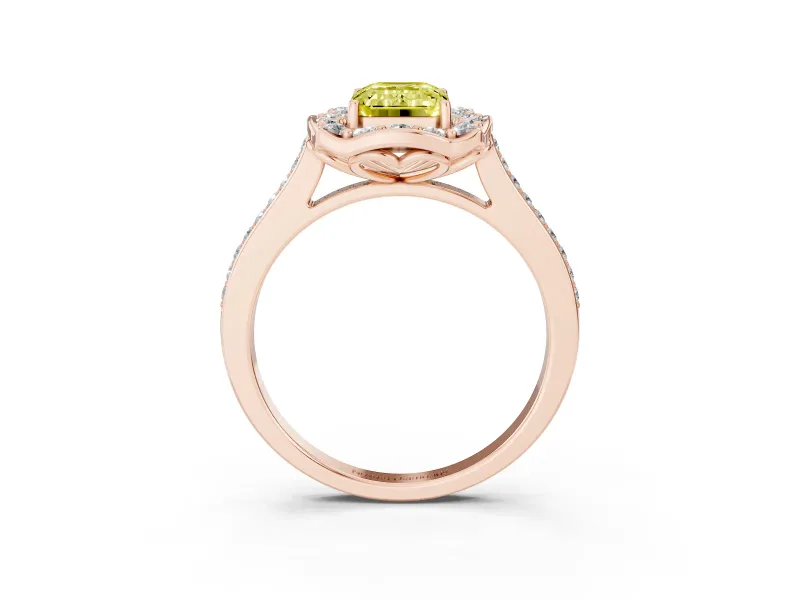 Emerald Cut Petal Tip Halo Engagement Ring Setting for a Fancy Yellow Lab-Grown Diamond | Pavé Band | Rose Gold