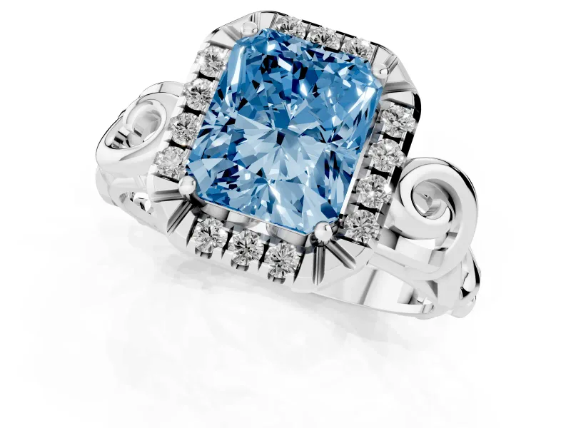 Fancy Blue Radiant Cut Diamond Halo Ring Set in Silver with Scrollwork Band and Prong Setting