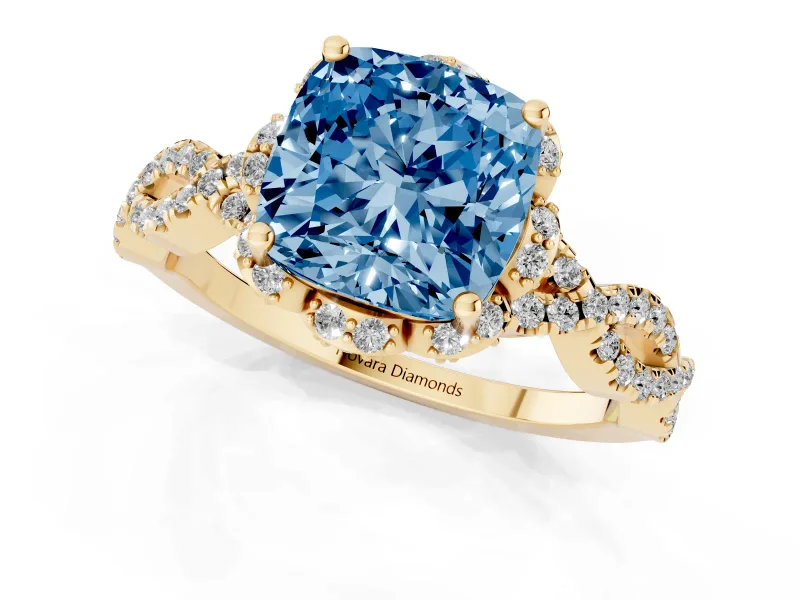 Cushion Cut Milgrain Halo Engagement Ring Setting for a Fancy Blue Lab-Grown Diamond | Graduated Shoulders | Yellow Gold