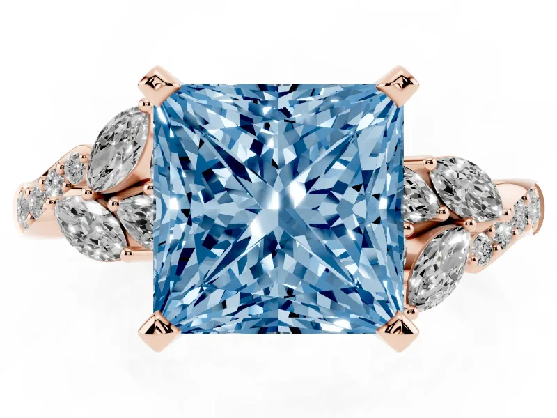 Princess Cut Floral Engagement Ring Setting for a Fancy Blue Lab-Grown Diamond | Marquise Side Stones | Rose Gold