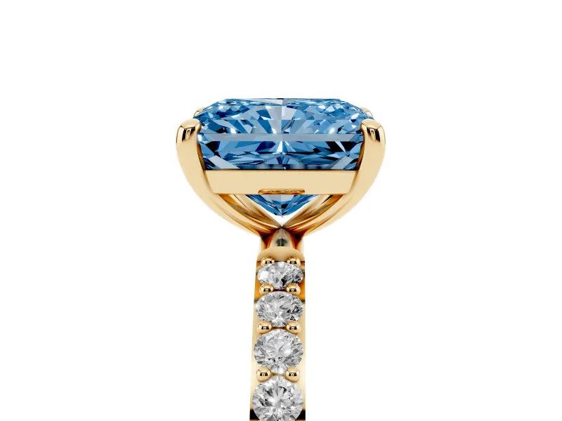 Radiant Cut Pave Solitaire Engagement Ring Setting for a Fancy Blue Lab-Grown Diamond | Pave Shoulders | Yellow Gold