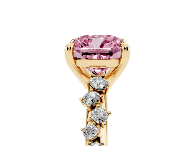 Fancy Pink Cushion Cut Diamond Solitaire Vine Band Ring Set in Yellow gold with Round Accents and Prong Setting
