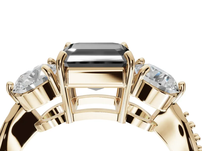 Fancy Black Asscher Cut Lab-Grown Diamond Three-Stone Ring Set in Yellow Gold with Channel-Set Band and Prong Setting