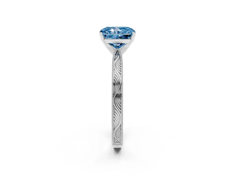 Radiant Cut Engraved Solitaire Engagement Ring Setting for a Fancy Blue Lab-Grown Diamond | Platinum