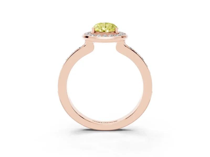 Fancy Yellow Pear Cut Diamond Halo Ring Set in Rose gold with Bezel Frame and Pavé Band