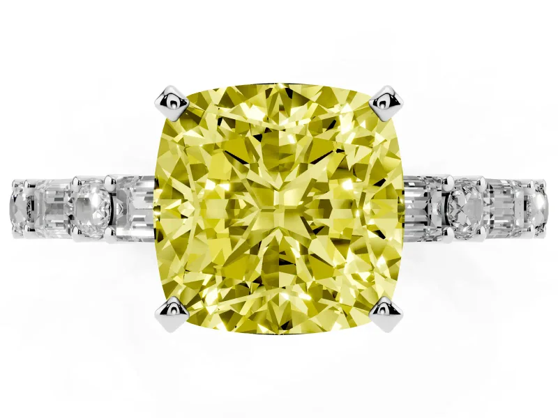 Fancy Yellow Cushion Cut Diamond Solitaire Set in Silver with Side Baguettes and Channel Set Band