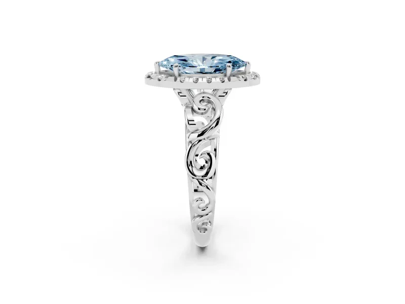 Fancy Blue Marquise Cut Diamond Halo Ring Set in Platinum with Scrollwork Band and Prong Setting