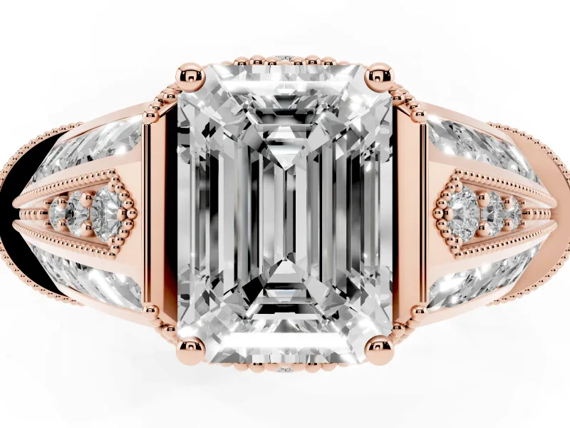 Emerald Cut Vintage Milgrain Hidden Halo Engagement Ring Setting | Channel-Set Shoulders | Rose Gold