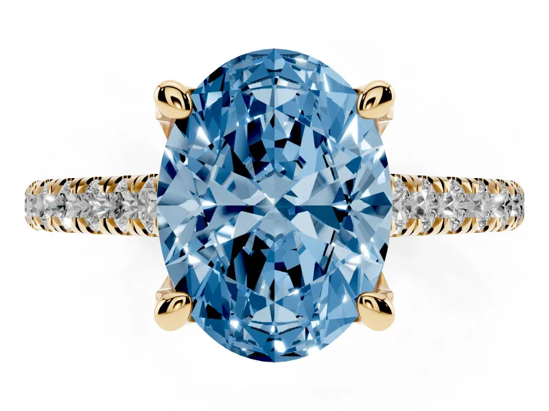 Oval Hidden Halo Pave Engagement Ring Setting for a Fancy Blue Lab-Grown Diamond | Claw Prongs | Yellow Gold