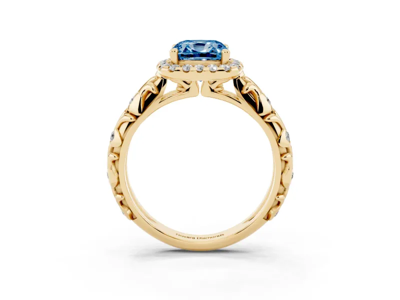 Cushion Cut Leaf Halo Engagement Ring Setting for a Fancy Blue Lab-Grown Diamond | Bezel Accents | Yellow Gold