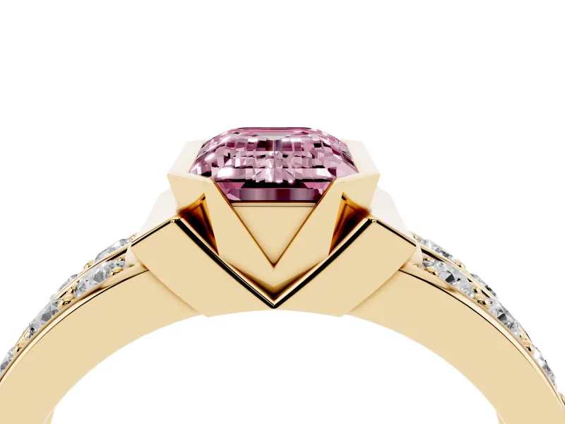 Emerald Cut Half Bezel Engagement Ring Setting for a Fancy Pink Lab-Grown Diamond | Channel Band | Yellow Gold