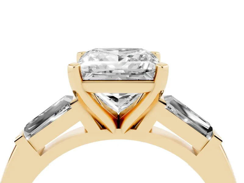 Princess Cut Diamond Solitaire Ring Set in Yellow gold with Tapered Baguette Side Stones and Prong Setting