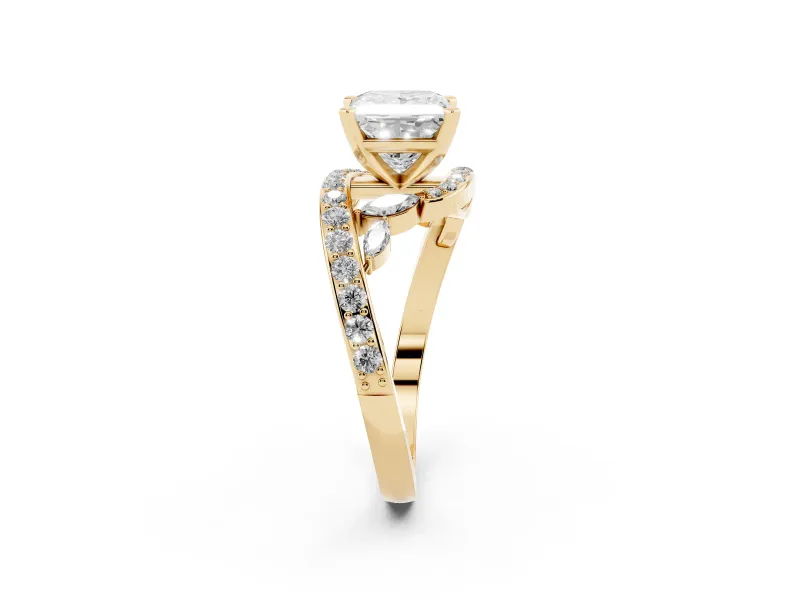 Princess Cut Diamond Solitaire Ring Set in Yellow gold with Pavé Twist Band and Secure Prong Setting