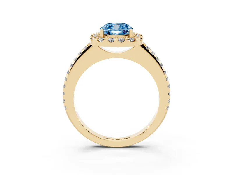 Cushion Cut Pave Halo Engagement Ring Setting for a Fancy Blue Lab-Grown Diamond | Pave Band | Yellow Gold