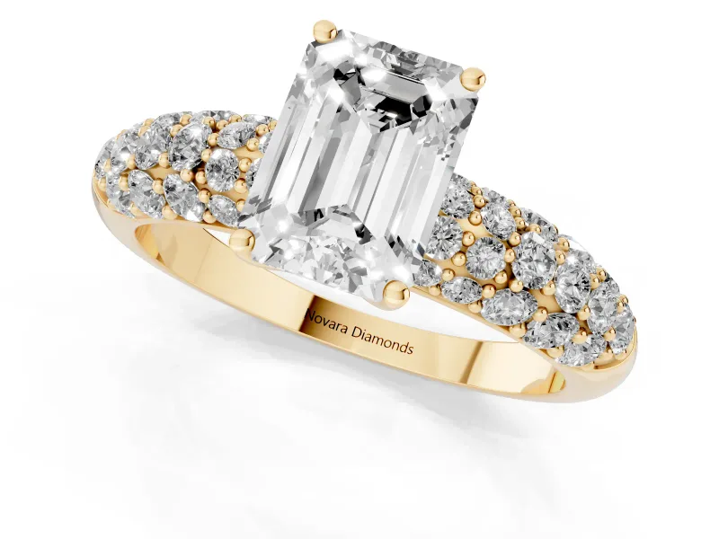 Emerald Cut Multi Row Pave Solitaire Engagement Ring Setting | Domed Shoulders | Yellow Gold