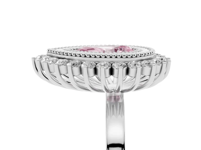 Fancy Pink Pear Cut Diamond Halo Ring Set in White gold with Milgrain Edge and Round Prong Setting